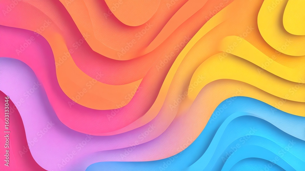 Poster a vibrant abstract composition features flowing, layered curves in a gradient of warm and cool tones