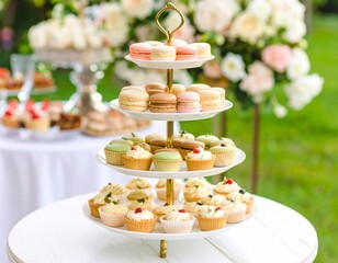 Elegant dessert stand with assorted cupcakes and macarons