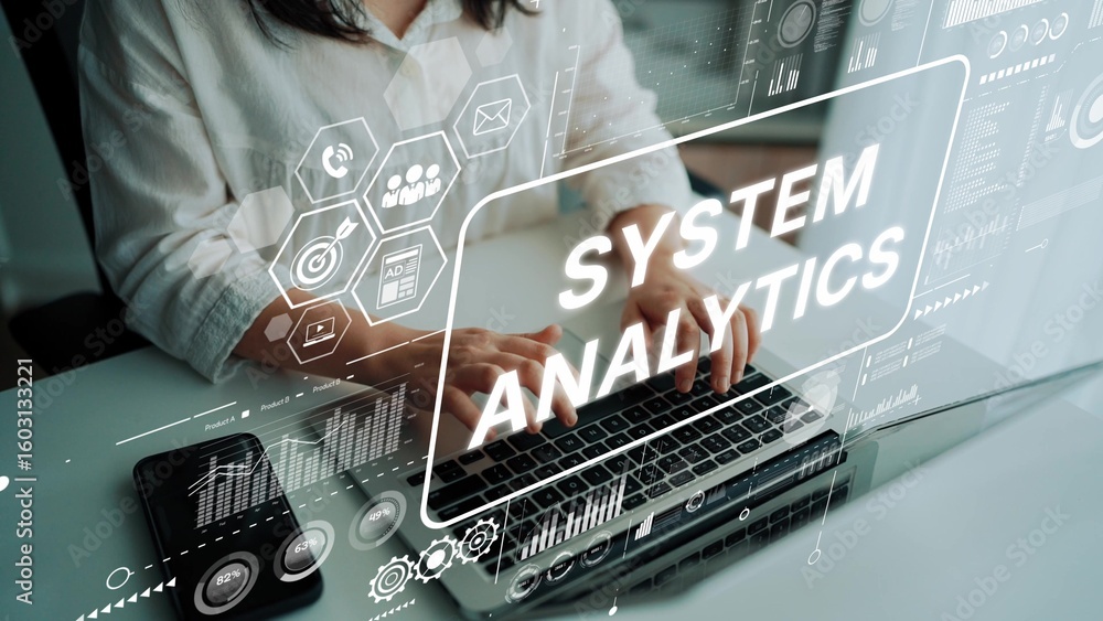 Poster professional woman engaging in system analytics with digital interface, data visualization, and tech