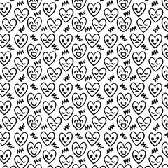 Seamless Hand-Drawn Heart Emoji Pattern – Black and White Doodle Background.