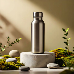 Stylish Stainless Steel Water Bottle on a Natural Display