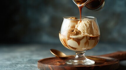 Creamy affogato with espresso being poured over vanilla ice cream in a glass cup, creating a rich, swirling pattern of coffee and cream.