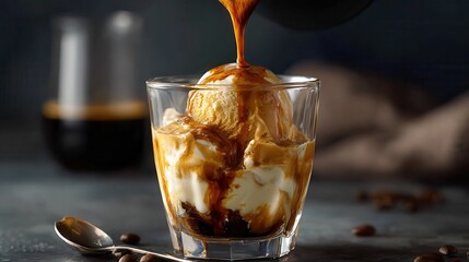 Creamy affogato with espresso being poured over vanilla ice cream in a glass cup, creating a rich, swirling pattern of coffee and cream.