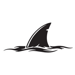 Stylized black shark fin emerging from stylized ocean waves water