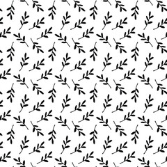 Black and White hand drawn geometric leave branch seamless pattern.