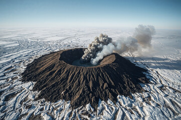 Active volcano erupting smoke in a snowy landscape