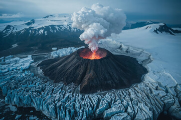 Fiery volcano erupts amidst snowy glacial landscape