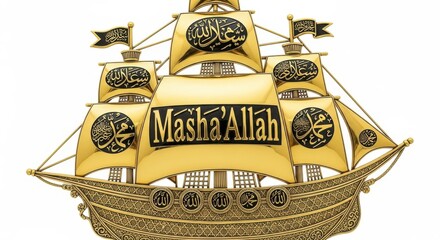 Ornate islamic calligraphy galleon ship decoration isolated on white background