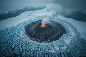 Volcano erupting through snowy landscape