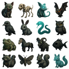 Fantasy creatures 3d icon set: cat, skeleton, mouse, bat, crow, rabbit, snake, owl, toad, horse, goat, fish, moth, squirrel, fox