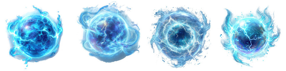 Four swirling blue energy portals with glowing light effects isolated on transparent background