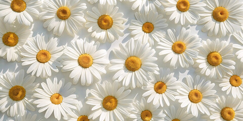 Pure white daisies displayed in organized layout, each flower showing detailed petal structure and textured yellow centers with natural botanical characteristics.