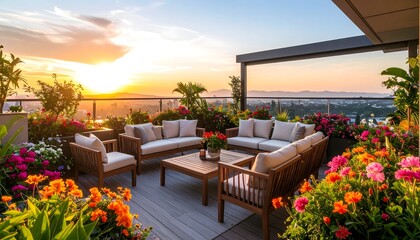 Luxurious rooftop garden at sunset time