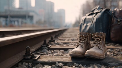 Rugged brown leather boots and travel bags rest on railroad tracks with city buildings in  background