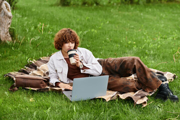 Young woman enjoys remote work while relaxing in a green park during summer