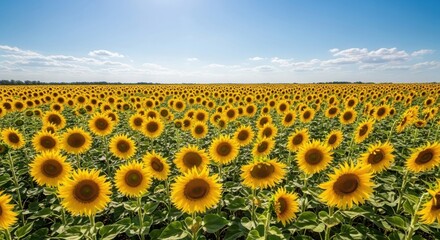 Obraz premium Illustration of a vast field of sunflowers stretching towards the horizon under a bright blue sky