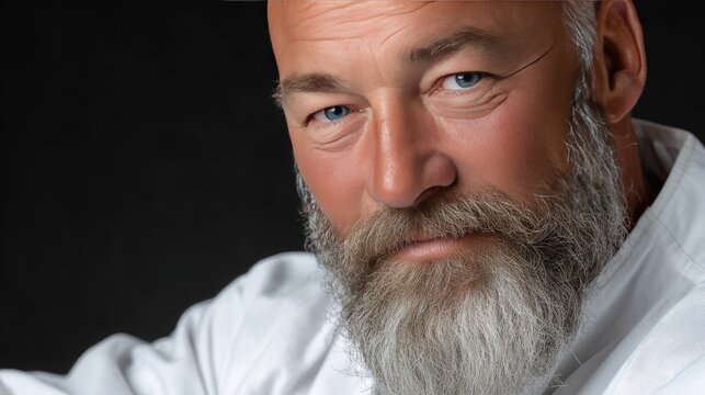 Portrait of an elderly scientist with a smiling demeanor, showcasing warmth, wisdom, and determination against a dark background