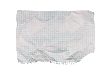 A crumpled torn checkered paper on a white background fits educational themes. Its rugged texture serves as a visual aid for recycling or math lessons.