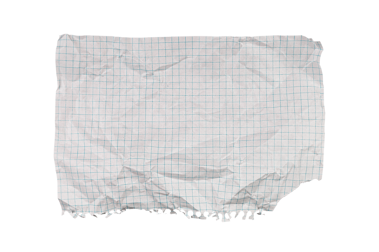 A crumpled torn checkered paper on a white background fits educational themes. Its rugged texture serves as a visual aid for recycling or math lessons.