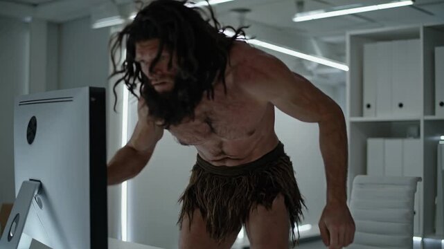 A confused caveman holds a rock at a computer, appearing baffled in a modern office, a comedic commentary on technological advancement.