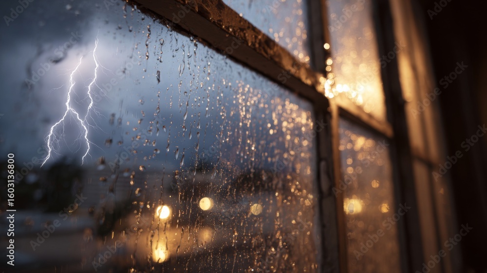 Poster a close-up shot of a window pane with raindrops and streaks of lightning visible outside, emphasizin