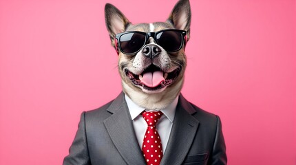 A Dog Wearing Sunglasses, Suit, and Tie, Funny Pet Portrait