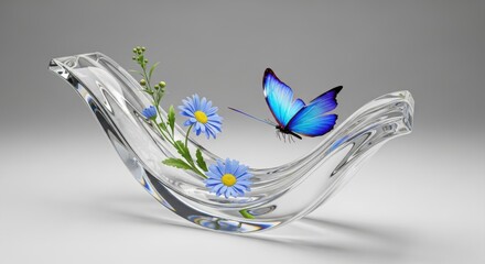 Blue butterfly and flowers in a clear glass vase isolated on white background