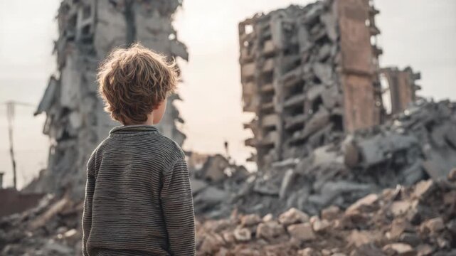 A back view of a young boy standing alone, gazing at the ruins of a building damaged by war. The crumbled walls, exposed steel