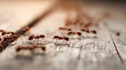 A close-up view of ants marching along a wooden surface, with clear detail of their tiny bodies and legs, showing their intricate movement and teamwork.