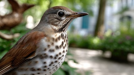 Moesian thrush sits quietly on vibrant green leaves as soft morning light highlights its brown plumage and unique beak features