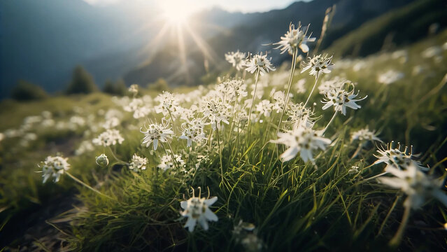 White Edelweis Flowers in Mountain Meadow at Sunset