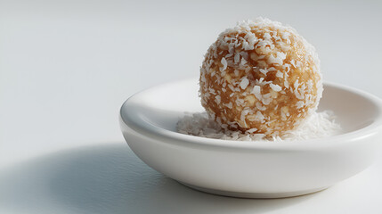 Coconut covered energy ball on a small dish. Clean, minimalist food photography with bright light.
