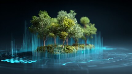 A vibrant depiction showcases trees flourishing atop a digital network, symbolizing the harmonious blend of nature and technology for sustainable growth and innovation.