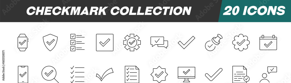 Poster collection of icons of checkmark. suitable for books, stores, shops. editable stroke in minimalistic