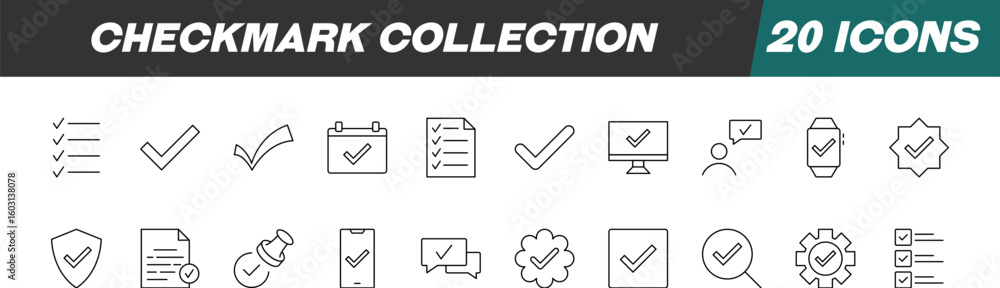 Poster collection of line icons of checkmark. suitable for books, stores, shops. editable stroke in minimal