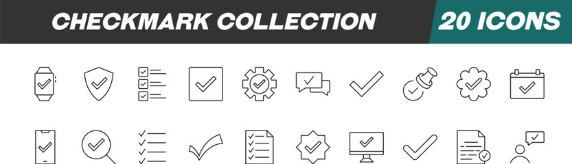 Collection of Icons of Checkmark. Suitable for books, stores, shops. Editable stroke in minimalistic outline style. Symbol for design