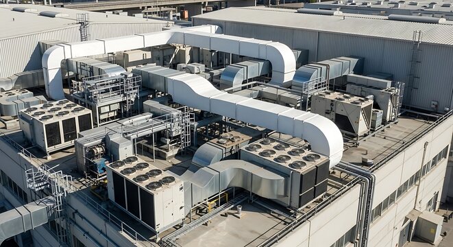 Aerial view of a modern industrial building's rooftop featuring a complex HVAC system with extensive ductwork.