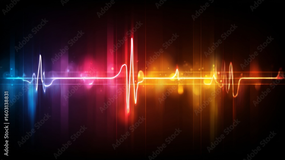 Poster a colorful heartbeat graph flowing smoothly across a digital display, representing the life force an