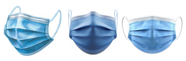 Three blue medical face masks hanging on strings isolated on transparent background