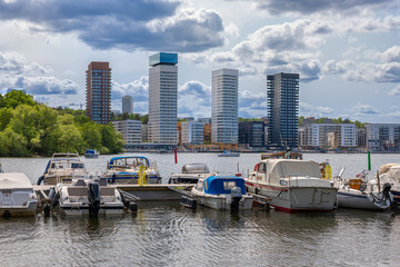 Scenic Marina with Modern High-Rise Buildings in Stockholm