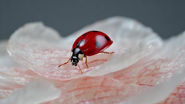 Ladybug on petal A red ladybug with black spots is perched on a delicate, translucent pink and white petal