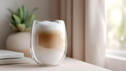 Frothy Delight: A layered coffee drink in a glass, adding warmth to a calm, bright morning scene.