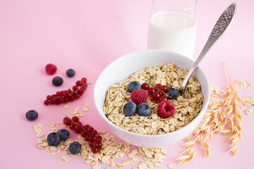 Breakfast. Bowl of oat flake, berries and a glass of milk on a pink background. Close-up.