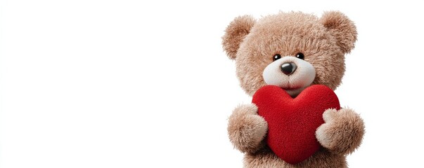 Cute Fluffy Teddy Bear Holding a Red Heart on White,Valentines ,Love
