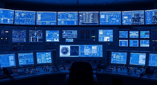 Control room with blue screens displaying data, symbolizing advanced technology, real-time monitoring, and digital information management.
