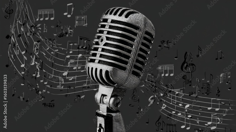 Poster a creative representation of a microphone surrounded by sound waves and musical notes, visually illu