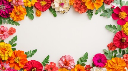 Obraz premium Floral Frame Vibrant Zinnias and Leaves on White Background, floral , botanical