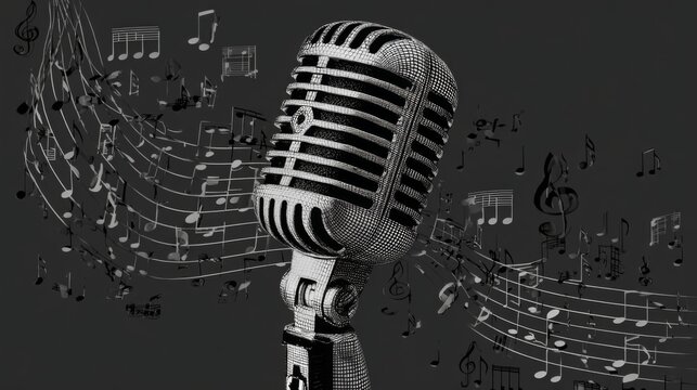 A creative representation of a microphone surrounded by sound waves and musical notes, visually illustrating the art of sound and music creation