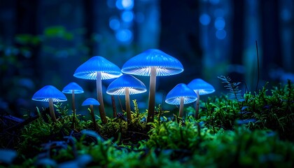 Glowing mushrooms in a forest at night