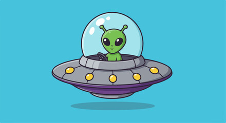 Cute cartoon alien pilot in a flying saucer, against a simple blue background.